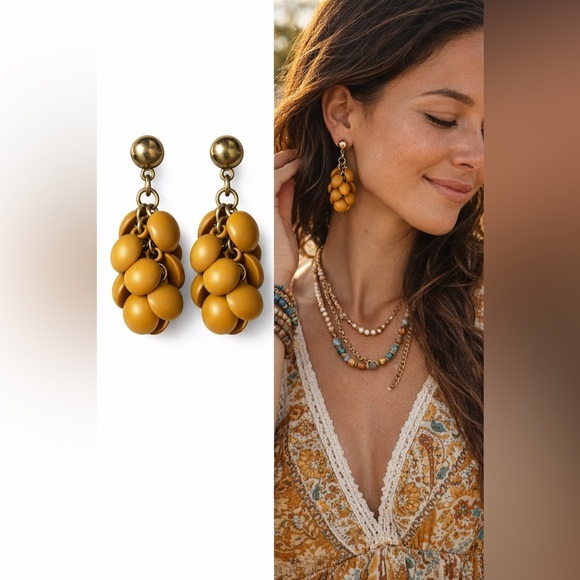 Jewelry - 🤎Mustard Boho Cluster Drop Earrings | Vintage Style Statement🤎